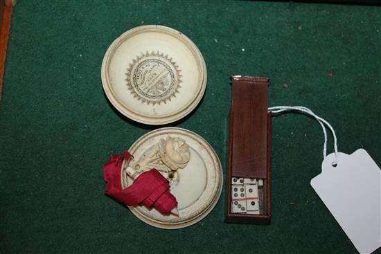 Ivory box measure & miniature wooden boxed ivory dominoes